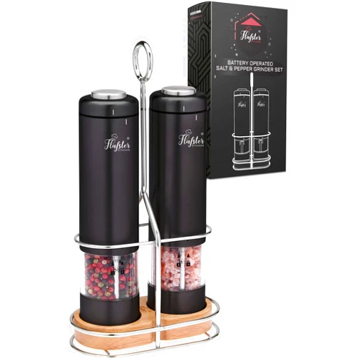 FLAFSTER KITCHEN Unleash the Flavors! Flafster's Matte Black Electric Salt & Pepper Mills - Illuminated, Mighty, and Sleek