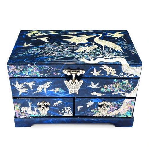 MADDesign Mother of Pearl Lacquered Jewelry Box Two Level Cranes Blue