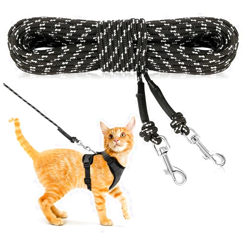Rypet Reflective Cat Long Leash - 15 FT Escape Proof Walking Leads Yard Long Leash Durable Safe Personalized Extender Leash Traning Play Outdoor for Kitten, Puppy, Rabbit and Small Animals Black