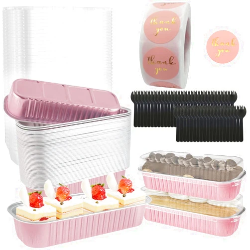 KNFFSAAJL 50Pcs Mini Cake Loaf Pans with Lids and Spoons 6.8oz Rectangle Aluminum Foil Baking Cups Mini Cake Pans Heat Resistant Cupcake Tin Container Narrow Foil Cake Pans for Brownie Party (Pink, 50)
