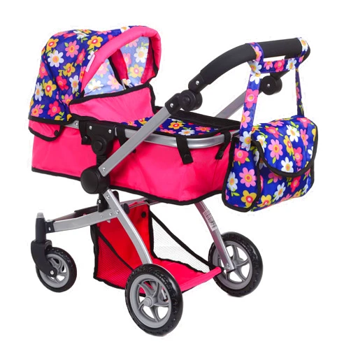 Fash N Kolor | Foldable Pram for Baby Doll with Flower Design with Swiveling Wheel Adjustable Handle Bassinet Stroller with Baby Doll, Convertible Seat, and Basket, and Free Carriage Bag