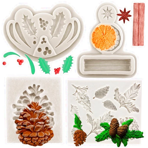 MYPRACS Christmas Silicone Molds Pine Cone Holly Leaves Fondant Mold Lemon Slices Star Anise Cinnamon Chocolate Mold For Sugar Cake Decoration Cupcake Topper Candy Polymer Clay Gum Paste Set Of 4