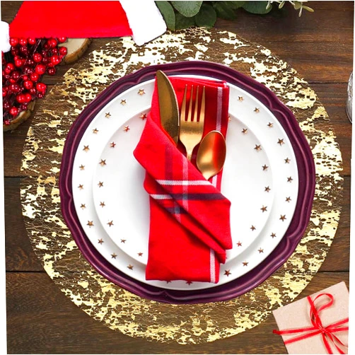 Leuaxmy 50 Pcs Disposable Gold Round Placemats Metallic Glitter Gold Foil Mesh Decorative Table Mates Gold Doilies for Wedding Thanksgiving Christmas Birthday Party Holiday (13 Inch)