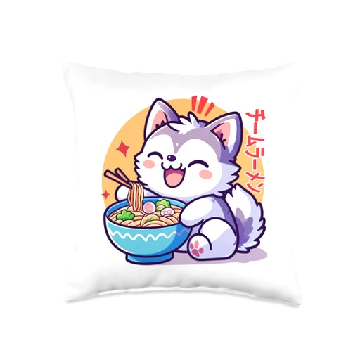 Funny Cute Kawai Husky Dog Eating Ramen Kawai Ramen Cute Anime Husky Dog Japanese Noodles Lover Throw Pillow, 16x16, Multicolor