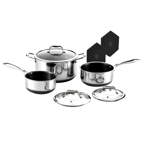 HexClad Hybrid Nonstick 6-Piece Pot Set with Trivets, 2, 3, and 8-Quart Pots with Tempered Glass Lids, 2 Silicone Trivets Included, Dishwasher Safe, Compatible with All Cooktops