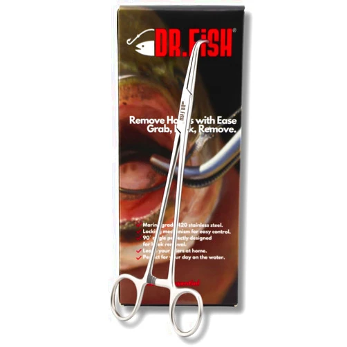 Dr.Fish Hook Removal Right Angle Locking Forceps Fishing Pliers - Essential Easy Fish Hook Remover, Durable Stainless Steel Fishing Gear for Anglers, Fly Tie, Tackle Box Tools