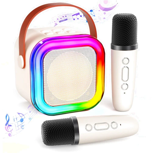TAEMVV Mini Karaoke Machine for Kids Adults, Portable Bluetooth Karaoke Speaker with 2 Wireless Mics and LED Color Lights, Home Birthday Party for Girls/Boys Ages 4, 5, 6, 7, 8, 9, 10,11,12+,Beige