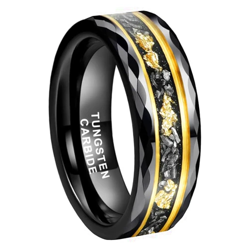 TUTISS 8mm Silver/Black/Gold Tungsten Rings for Men Women Meteorite Chip Gold Foil Inlay Promise Engagement Wedding Band Faceted Edges Polished Comfort Fit