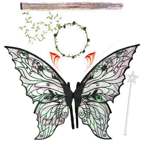 Torajiro Fairy Wings for Adults and Girls，Fairy Costume Set with Floral Garland, Fairy Hair Tinsel, Wand & Elf Ears – 29