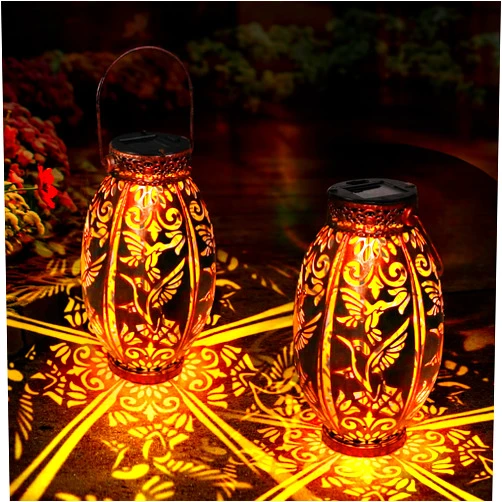 GIBMIDSER Solar Outdoor Lights,2 Pack Solar Garden Lanterns Waterproof, LED Hanging Lantern Hummingbird Pattern, Decorative Retro Metal Solar Lights for Table Patio Yard Pathway Walkway Gifts
