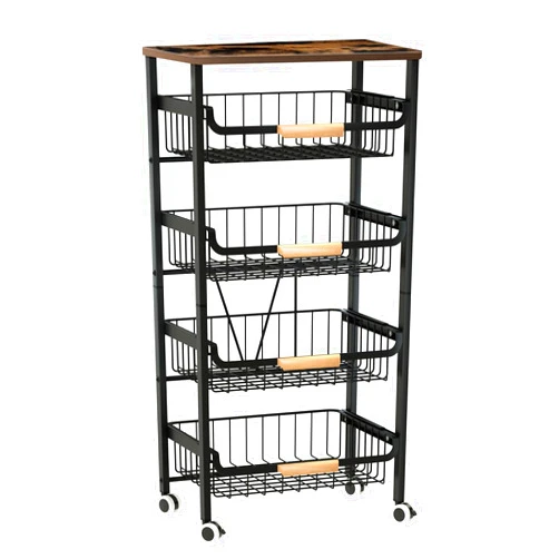 7 code 5-Tier Rolling Storage Cart with Wheels, Large Capacity Kitchen Cart, Mobile Utility Cart with Wooden Tabletop and Mesh Baskets, Bathroom, Laundry Room