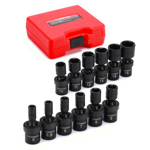 CASOMAN 1/4-Inch Drive Shallow Universal Impact Socket Set, Metric, 12 Pieces Set, 5mm to 15mm, 6-Point, Cr-Mo, Swivel Socket