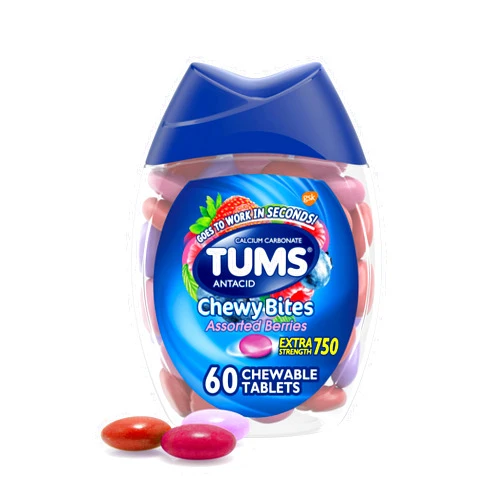 TUMS Chewy Bites Antacid Tablets for Chewable Heartburn Relief and Acid Indigestion Relief, Assorted Berries - 60 Count