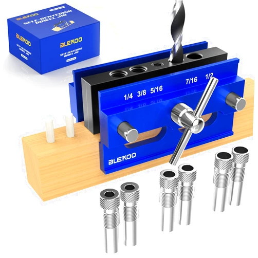 Blekoo Self Centering Doweling Jig Kit, Drill Jig For Straight Holes Biscuit Joiner Set With 6 Drill Guide Bushings, Adjustable Width Drilling Guide Power Tool Accessory Jigs (Blue)