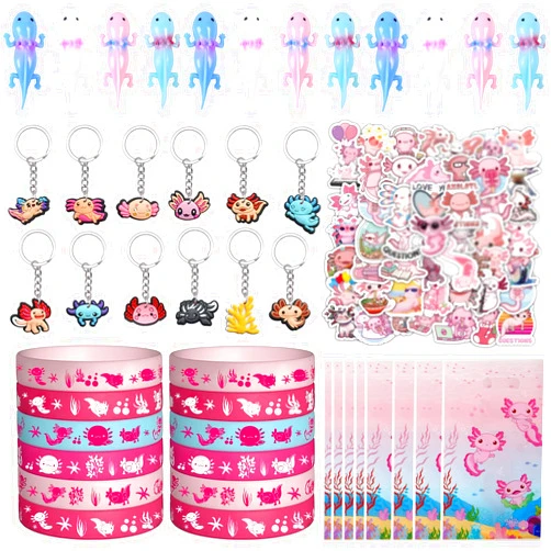 Anprola 108 PCS Axolotl Party Favors Includes Axolotl Keychain Silicone Bracelets Finger Ejection Toys Gift Bags and Stickers for Kids Axolotl Theme Party Supplies Decorations