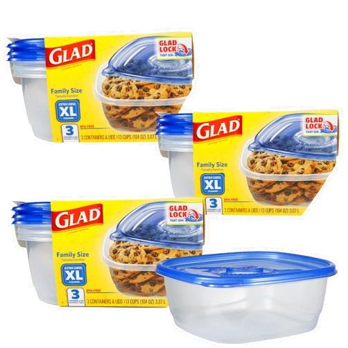 Glad GladWare XL Square Food Storage Containers with Lock Tight Lids, BPA-Free Family Size Plastic Containers for Leftovers, Meal Prep, and Freezer Storage, Dishwasher Safe, 104 Oz, 3 Count - 3 Pack
