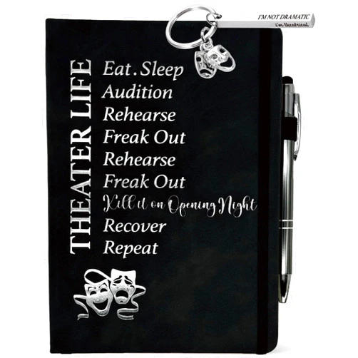 MALLAbyLAMMA Theater Gifts, Theater Life Journal Black 200 Pages Notebook A5 Lined with Pen, Theater Keychain, Broadway Lovers Gift for Theater Director Actor Actress Performers Opening Night Birthday Christmas
