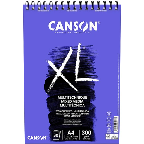 CANSON XL Textured Medium Grain 300gsm A4 Mixed Media White Paper Pad, 30 Sheets, Ideal for Professional Artists & Students