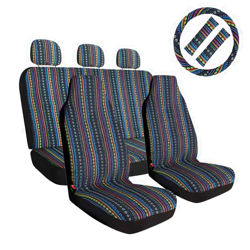 AOTOMIO 10pc Set Boho Seat Covers Baja Blanket Ethnic Style Coarse Flax Cloth Front and Rear Bench Covers with Steering Wheel Cover & Seat Belt Universal Fit Most Cars