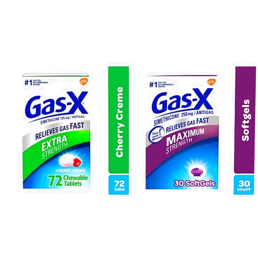 Gas-X Gas X Chewable Extra Strength Tablets for Fast Gas and Bloating Relief, Cherry Flavor, 72 Count & Gas-X Maximum Strength Softgels for Fast Gas Relief, 30ct w/ Softgels