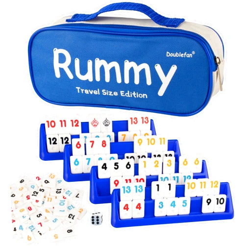 Doublefan Rummy set,Travel Size Rummy Game with Portable Bag, Mini Rummy Cube Game for Adult and Kids,106 Tiles, 4 Playing Rack, 1 Dice (2-4 Players)