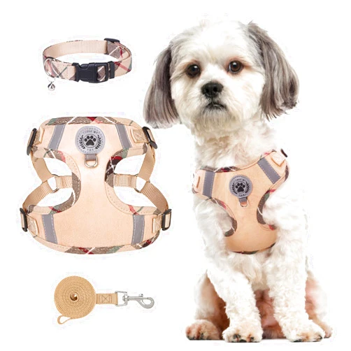 BEAUTYZOO Step in Dog Harness Collar and Leash Set for Small Medium Large Dogs, No Pull No Choke Puppy Harness,Soft Mesh Reflective Pet Padded Vest Adjustable for Doggie Girl or Boy,Chihuahua,Beige XS