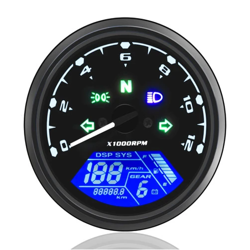Geloo Motorcycle Speedometer Tachometer Gauge, Universal Motorcycle Digital Odometer DC 12V LCD Speedometer Odometer Fuel Meter Gauge for Motorcycle with Multi-Function Indicator Light