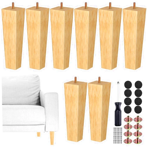 TURSTIN Set of 8 Furniture Legs 8 Inch Square Solid Wood Couch Legs Replacement Sofa Legs Mid Century Furniture Feet for Armchair Bed Dresser Cabinet Include Installation Hardware, Natural