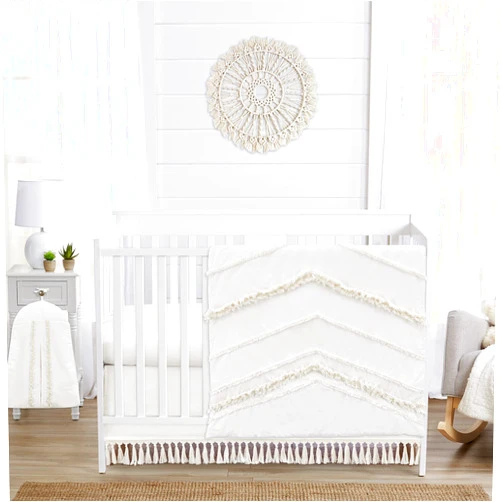 Sweet Jojo Designs Ivory Boho Chic Boy Girl Baby Crib Bedding Set Infant Nursery Room Solid Color Beige Cream Gender Nuetral Bohemian Modern Farmhouse Designer Unisex Tassel Fringe Macrame Cotton