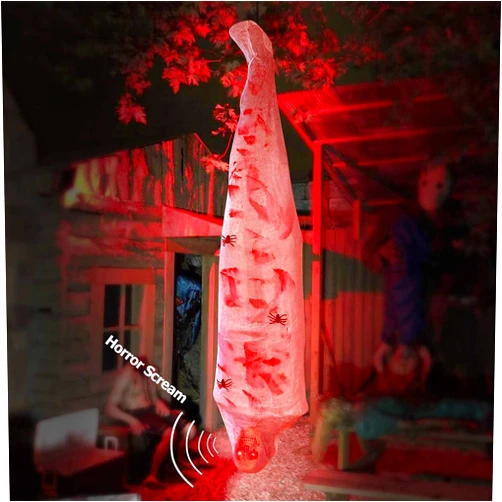Extenuating Threads Cocoon Corpse Halloween Outdoor Decorations,Scary Hanging Decor, Hallomas Mummy Props with LED Skull Eyes Spooky Sound,Creepy Haunted House Tree Indoor Décor 72 inches