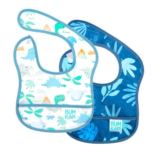 Bumkins Bibs, for Baby Girl or Boy, Infant 3-9 Months, Essential Must Have for Eating, Feeding, Baby Led Weaning, Mess Saving Waterproof Soft Fabric, Starter Bib 2-pk Blue Tropic and Dinosaurs