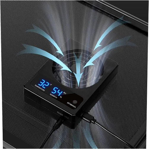 GeeKoit Reptile Terrarium Thermometer Hygrometer with Dehumidifier Ventilation Fan for Pet Rearing Box Reptile Tank LED Digital Reptile Thermometer and Humidity Gauge for Snake Bearded Dragon Gecko