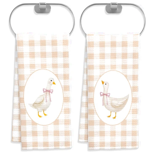 QICLM Farmhouse Goose Kitchen Towels Set of 2, Goose Decor Beige Gingham Checkered Dish Tea Towels, Coquette Pink Bow Goose Nursery Hand Towels for Bathroom Kitchen Decor, 16x24 Inch