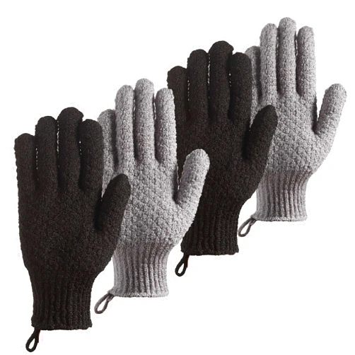 Cleedy Bath Exfoliating Gloves Scrub - 4 Pcs Lengthened and Large Exfoliating Scrubbing Gloves for Shower, Spa, Massage - Scrub Exfoliating Mitts for Body, Face, Hand and Foot (Black and Gray)