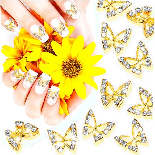 Cobee 30 Pcs Butterfly Nail Rhinestones Charms, 3D Alloy Butterflies Nail Art Rhinestones Shiny Crystal Nail Art Charms for Acrylic Women Nail Supplies for DIY Manicure Jewelry Accessories(Gold)