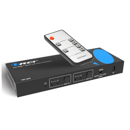 OREI HDMI Switcher Matrix – 2 in 2 out HDMI Matrix Switch - Resolutions up to 4K@30Hz, 3D Support, EDID Management, IR Control & HDMI 1 in 2 out Splitter Mode (HD-202)
