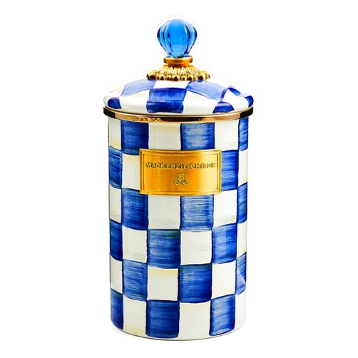 MACKENZIE-CHILDS Large Enamel Canister, Kitchen Storage Container for Flour and Sugar, 1.89 Liters, Blue-and-White Royal Check
