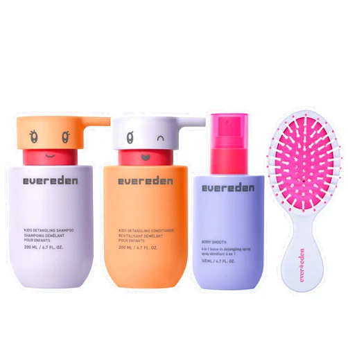 Evereden Kids Complete Haircare Set: Hair Detangling Shampoo, Conditioner & Spray for Children Ages 3+ & Pain-Free Hair Brush, Plant Protein Peptides & Argan Oil, Vegan, Free from Sulfate and Paraben
