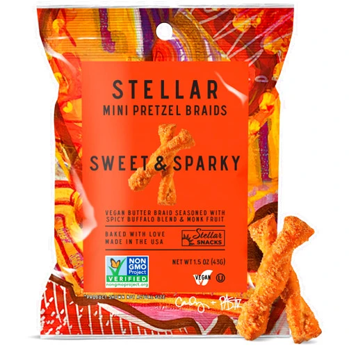 STELLAR SNACKS Stellar Pretzel Braids, Sweet & Sparky Spicy Buffalo, 24 Mini Individual Bags (1.5 oz each) Vegan Pretzel Rods, Sticks