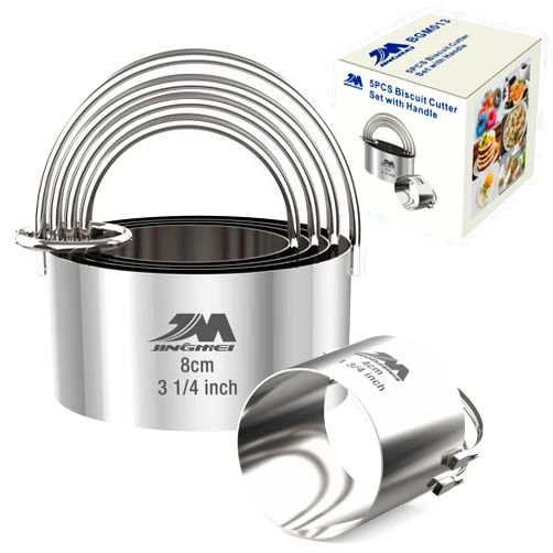M JINGMEI 5 Pieces Circle Biscuit Cutter,Professional Stainless Steel Round Cookies Mold Tool with Handle for Baking GIFT Package