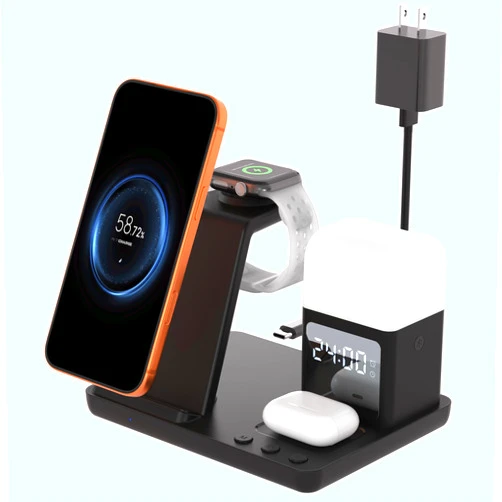 COUTSALL Wireless Charger for iPhone, 6 in 1 Fast Phone Charger Stand Dock with Alarm Clock Night Light, Wireless Charging Station for Apple Watch, for Airpods 3/2/Pro, for iPhone 17/1615/14/13/12/11/Pro/Max
