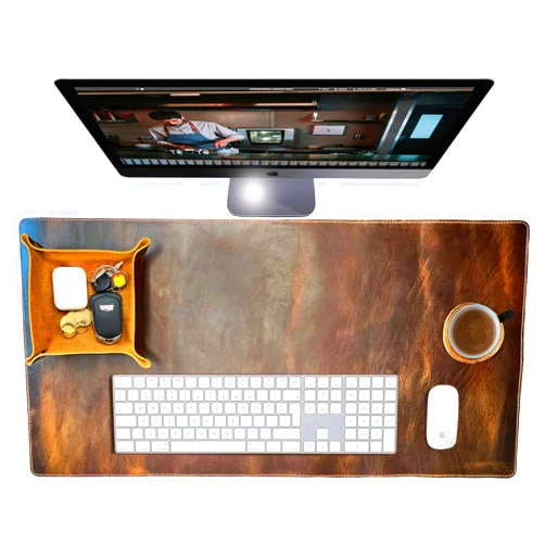 RUSTIC TOWN Leather Desk Accessory Set - Large Desk Pad, Valet Tray, and Drink Coaster - Full-Grain Leather Desk Cover Blotter and Protector - Desk Mat for Laptop, Office and Home