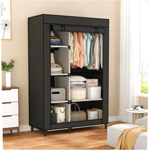 Calmootey Portable Closet Organizers, Clothing Storage, Wardrobe with 6 Shelves and Hanging Rod, Non-Woven Fabric Cover with 4 Side Pockets, Black