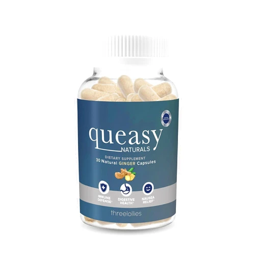 Three Lollies Queasy Naturals Ginger Capsules - Non-Drowsy Nausea Relief Supplement - Motion Sickness Prevention & Nausea Relief During Chemotherapy - 1000mg Ginger Root - 30 Caps