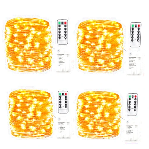 GDEALER 4 Pack 16.4 Feet 50 Led Fairy Lights Battery Operated with Remote Control Timer Waterproof Copper Wire Twinkle String Lights for Christmas Bedroom Indoor Outdoor Wedding Dorm Decor Warm White