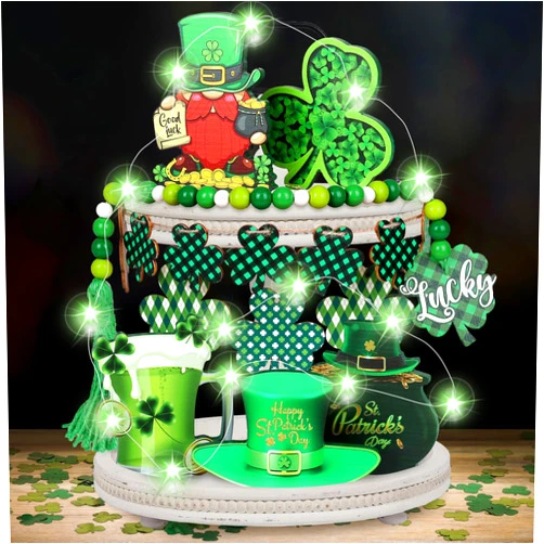 MAPVOLUT 21Pcs St. Patrick's Day Tiered Tray Decor Set with String Lights Confetti Wood Slices Bead Garland for St. Patrick's Day Party Kitchen Table Home Bar Decoration