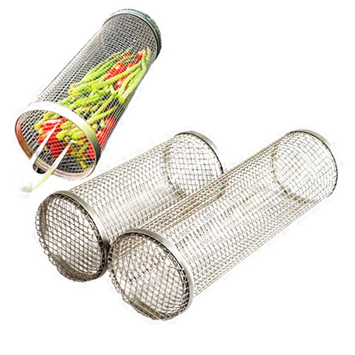 Meinelxdzxy 2PCS Barbecue Basket Round Rolling Stainless Steel Grilling Baskets Outdoor BBQ Mesh Vegetable Barbecue Cage Picnic BBQ Accessories