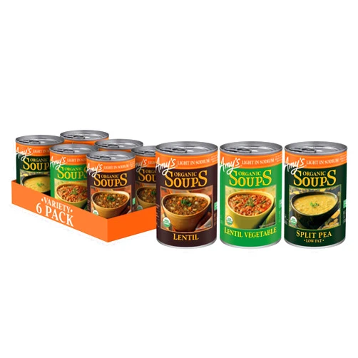 Amy's Soup, Organic Light in Sodium Variety Pack, Vegetable, Split Pea and Lentil Canned Soup, Made With Organic Vegetables, Pack of 6