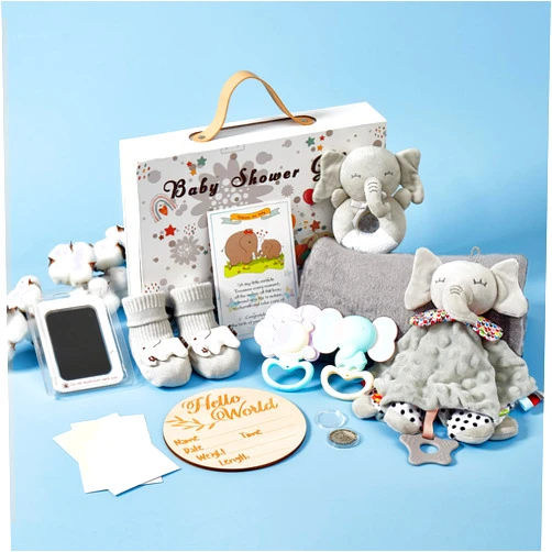 Numyawl Baby Gifts for Boys Girls - Ideal 11Pcs Baby Gift Set for Newborns,Gender Reveal Gifts,Elephant Baby Shower Gifts Basket | Deluxe Elephant Decor Gender Neutral Baby Items - Baby Lovey Blanket Rattle