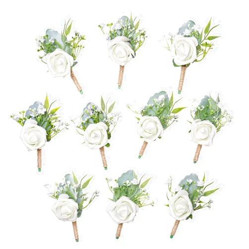 YSUCAU Rose Boutonnieres for Men Wedding Groom and Groomsmen White Boutonniere for Rustic Fall Vintage Wedding Prom Set of 10